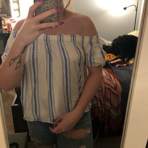 blue and white off the shoulder top